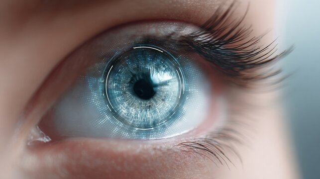 Closeup of human eye with digital holographic interface and futuristic HUD elements in blue tones