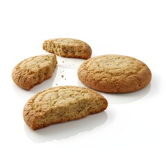 Rustic oat cookies with broken pieces isolated on white background
