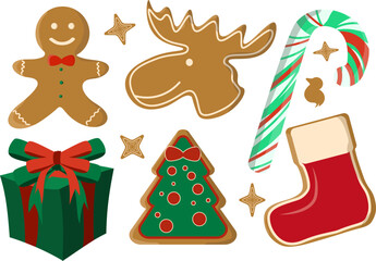 Charming isolated Christmas clip art set of a smiling gingerbread man, moose cookie, decorated gingerbread tree, festive stocking, green gift box, and striped candy cane for cozy holiday designs.