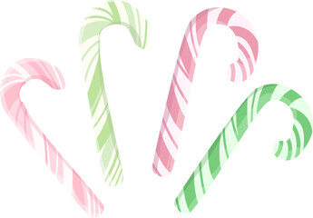 Cheerful isolated vector clip art set of four pastel pink and green candy canes with subtle shading, for modern, sweet holiday and confectionery designs.
