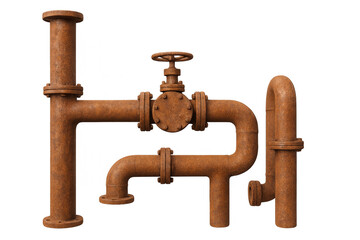 Rusty industrial pipeline with valve and transparent background