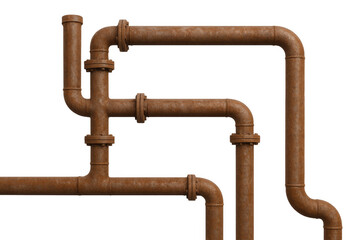 Rusty industrial metal pipeline system with transparent background