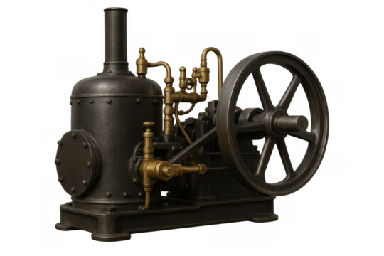 Vintage steam engine industrial machinery on transparent background