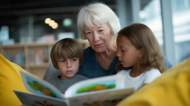 A retiree volunteers at a literacy program, reading to kids in a colorful library with storybooks and cushions, depicted in a heartwarming photo with expressive faces, book illustrations, and cozy