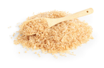 Pile of sea salt and wooden scoop isolated on white