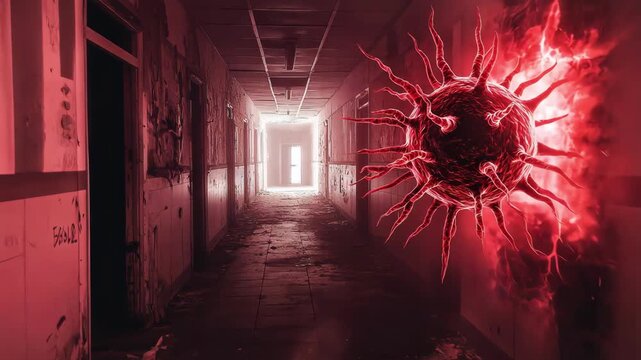 Virus in a dark, abandoned hallway.  A sense of dread and disease.