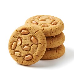 Peanut-studded biscuits stacked in a trio, nutty cookie close-up on white background