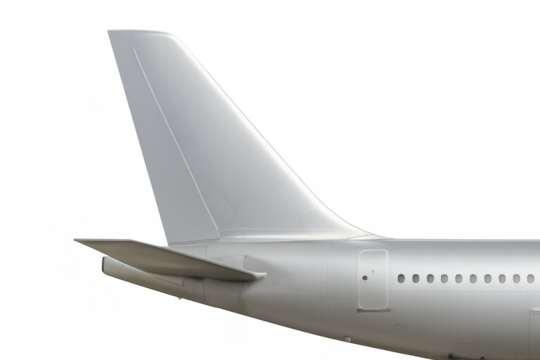 White airplane tail fin and fuselage on transparent background