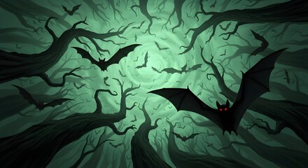 Spooky Halloween Night Sky Background with Flying Bats and Dark Forest Trees