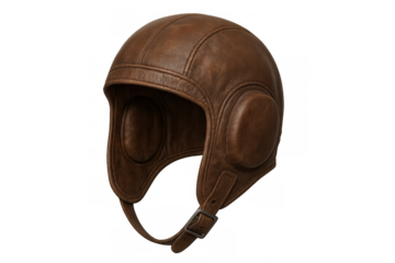 Vintage brown leather aviator helmet with buckle strap
