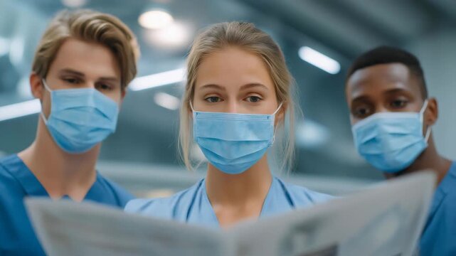Healthcare staff reading pandemic protocol guidelines with serious expressions, symbolizing global safety, medical preparedness, and adherence to protective standards in modern hospitals.