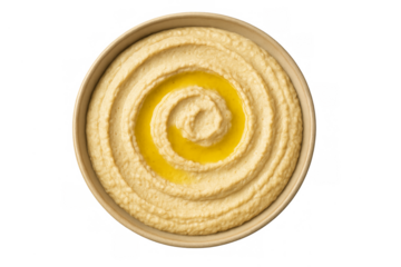 Hummus dip with olive oil spiral, top view