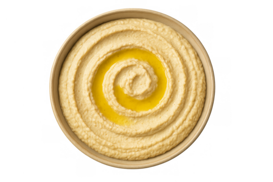 Hummus dip with olive oil spiral, top view
