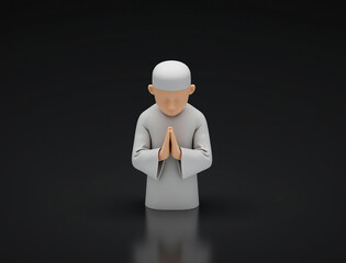 Minimalist 3D rendered human figure bowing in humble posture with hands clasped, dark background