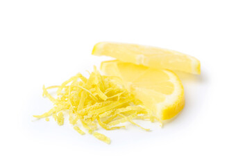 Lemon zest and pieces of fresh fruits isolated on white