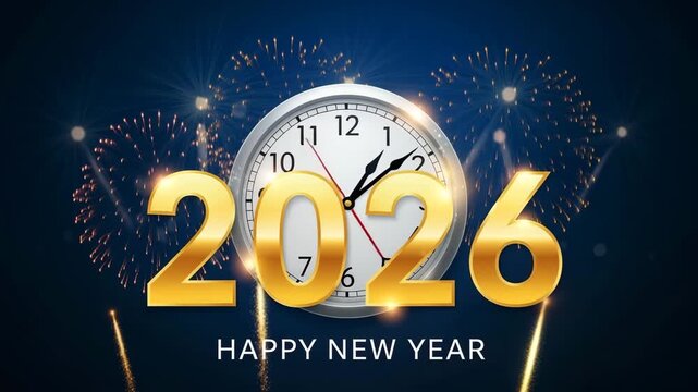 Golden 2026 text with clock and fireworks celebrating new years eve