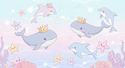 Adorable Pastel Pixel Art Kawaii Underwater Scene Featuring Whales and Dolphins Wearing Golden Crowns Surrounded by Starfish and Coral Reefs with