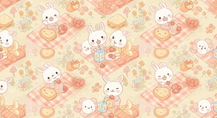 Adorable Kawaii Style Seamless Pattern Featuring Playful Bunnies and Floral Accents with Hearts and Food Elements on a Textured Beige Background
