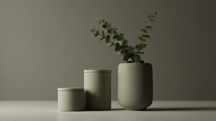 Minimalist still-life with three cylindrical objects and soft green foliage,