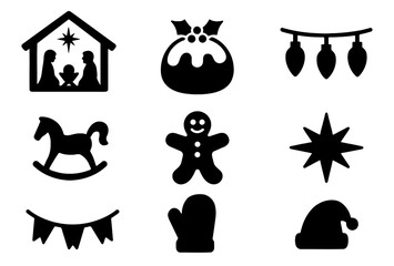 Fototapeta premium A collection of various black christmas holiday solid icons