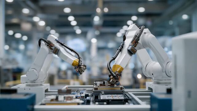 Wide view of modern smart factory where robotic arms and mobile autonomous robots work together on electronic devices, showcasing industrial automation, precision assembly, and advanced
