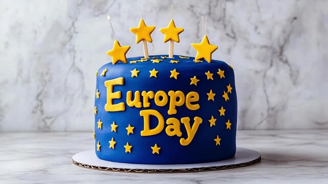 Festive Europe Day cake with blue frosting, gold stars, and sparkler candles.