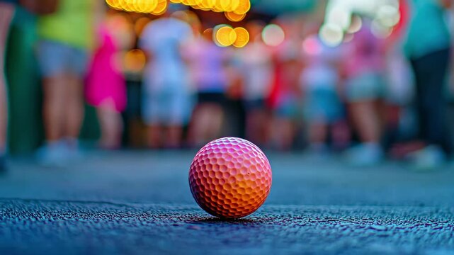 Vibrant mini golf ball on course with blurred people and lights in background.