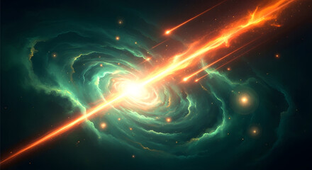 Obraz premium A mesmerizing cosmic scene unfolds with a swirling galaxy, a bright explosion, and fiery comets streaking across the vast expanse