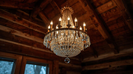 Fototapeta premium Ornate Crystal Chandelier in Rustic Cabin