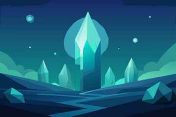 Fototapeta premium Enchanting alien landscape with glowing crystalline structures and ethereal moons under a deep blue twilight sky