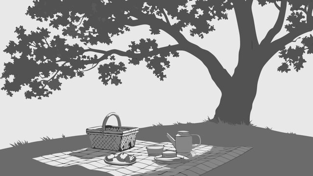 Picnic basket under a tree outdoor relaxation scene summer time illustration.