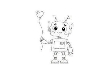 Fototapeta premium Cute cartoon robot character holding heart-shaped balloon with smiling expression and playful design