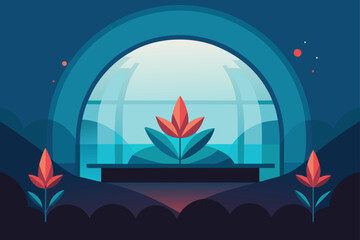 Stylized abstract illustration of vibrant red flowers with green leaves inside a modern architectural structure with a large arched window overlooking a serene blue landscape and sky