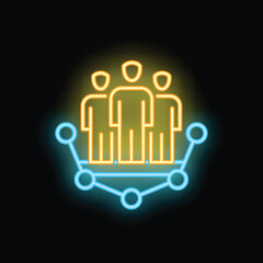 Glowing neon icon representing a business team standing on a network, symbolizing teamwork and collaboration