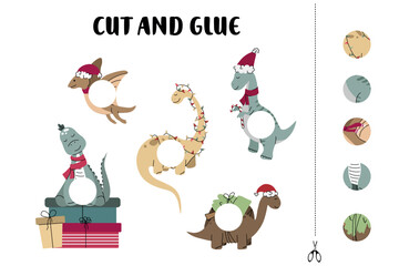 Christmas-themed cut and glue activity with dinosaurs wearing festive hats and scarves, designed for preschool kids to match and paste circle cutouts while developing visual and fine motor skills