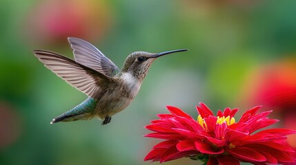 hummingbird. A hummingbird hovers near a red flower, its wings moving fast against a green background. wildlife magazines, conservation campaigns, designed for nature documentaries and education.
