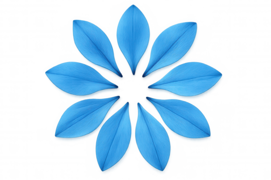 Blue flower petals arranged in a floral circle pattern with radiating leaves on transparent background