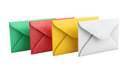Four colorful square envelopes in a row isolated on transparent background