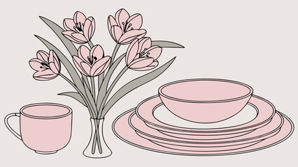 Pink flowers tableware and mug illustration simple line art design for home decor menu invitation spring Easter tableware set elegant minimalist floral design kitchen dining pastel.