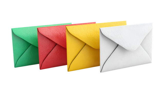 Four colorful square envelopes in a row isolated on transparent background