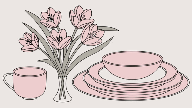 Pink flowers tableware and mug illustration simple line art design for home decor menu invitation spring Easter tableware set elegant minimalist floral design kitchen dining pastel.
