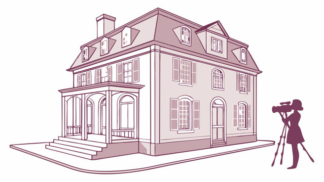 Filming a large house with a camera on a tripod.