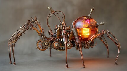Biomechanical Halloween creature with glowing mechanical bones, pumpkin-shaped gears, and oil-slick spider legs. Steampunk horror