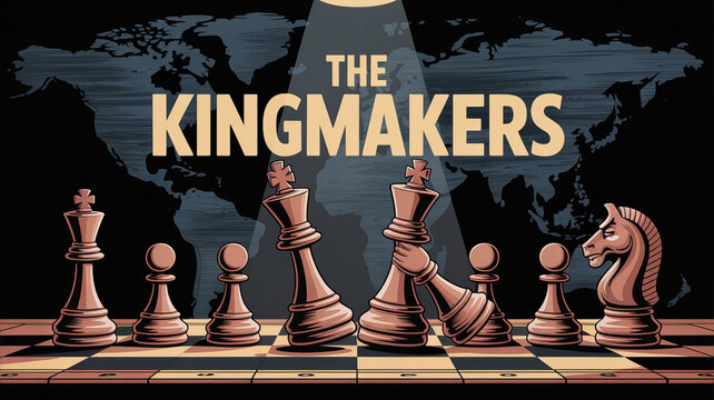 Strategic Chess: The Kingmakers: An impactful visual of chess pieces, poised strategically on the board, under a dramatic spotlight against the backdrop of the world, emphasizing strategy, power.