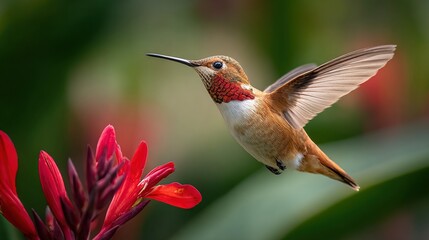 hummingbird. A hummingbird hovers near a red flower, its wings moving fast against a green background. wildlife magazines, conservation campaigns, designed for nature documentaries and education.