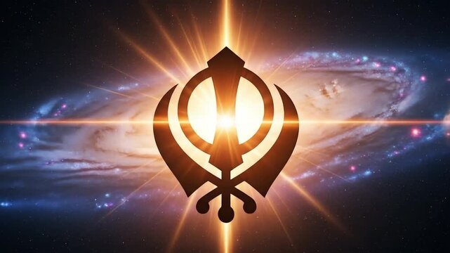 A Happy Guru Nanak Jayanti Design With A Glowing Khanda Symbol And An Exploding Galaxy Background
