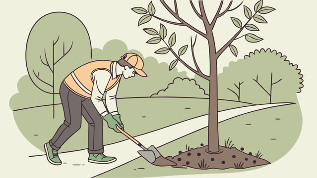 Planting a tree person digging gardening landscaping environmental conservation ecology nature spring summer outdoor work green space park shovel earth soil tree planting voluntee.