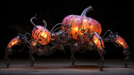 Biomechanical Halloween creature with glowing mechanical bones, pumpkin-shaped gears, and oil-slick spider legs. Steampunk horror
