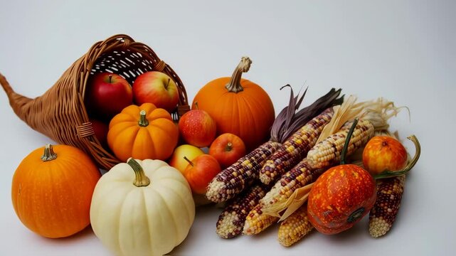Autumn harvest cornucopia overflowing with colorful pumpkins, apples, and Indian corn
