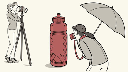 Illustration of two photographers shooting a product photography session one with a tripod and one using a reflector umbrella.